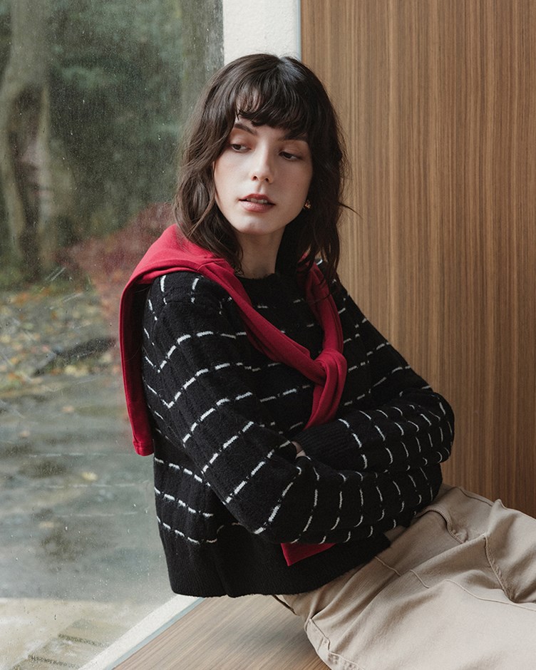 毛感針織條紋排釦上衣