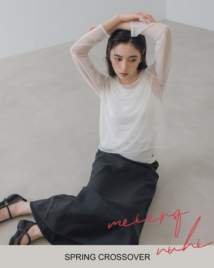nuhi-輕盈透肌感網紗長袖上衣