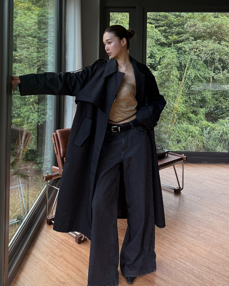 時髦綁帶長版風衣外套