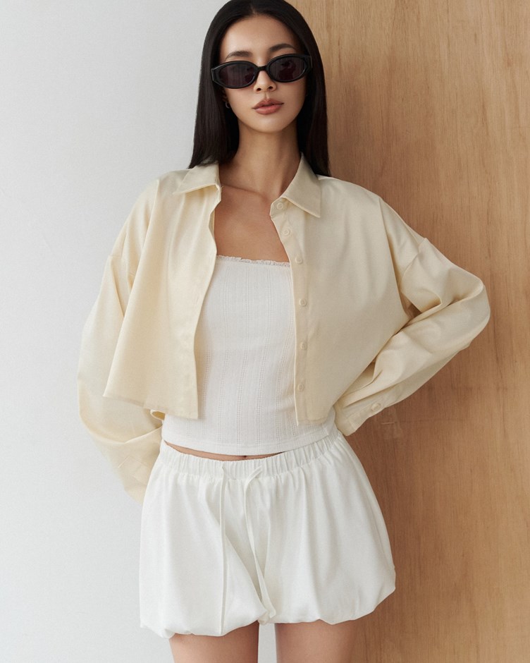 緞光抗皺短版襯衫