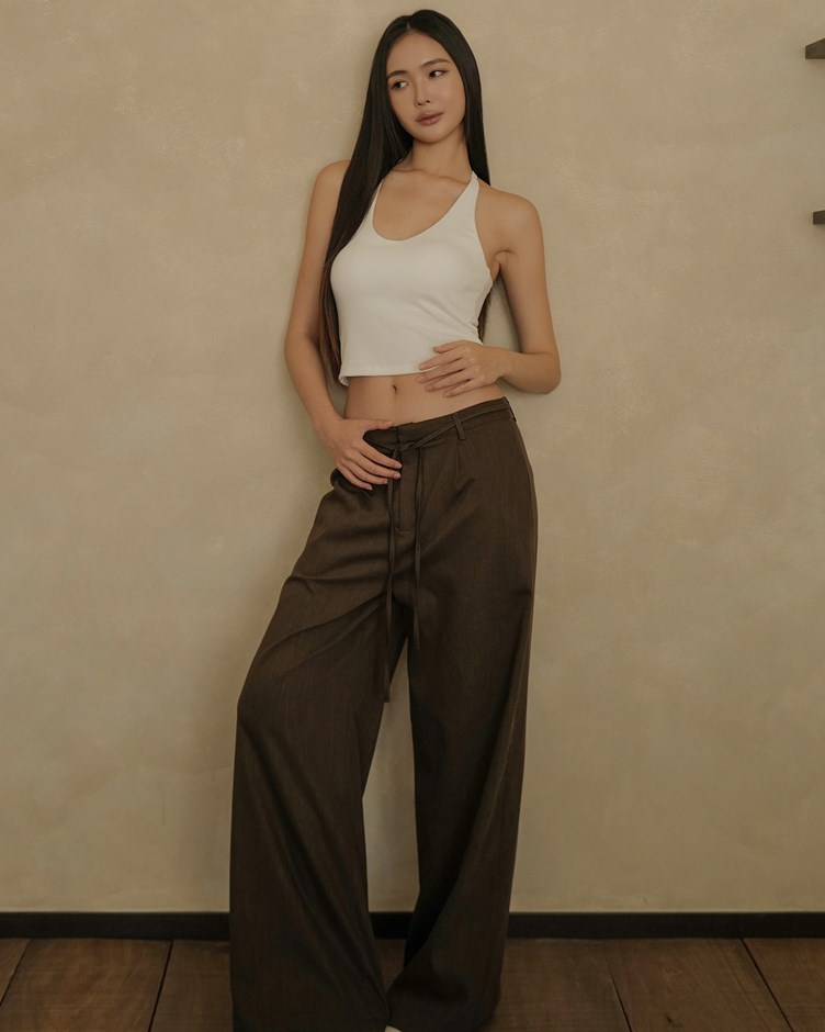 俐落麻料綁帶西裝長褲