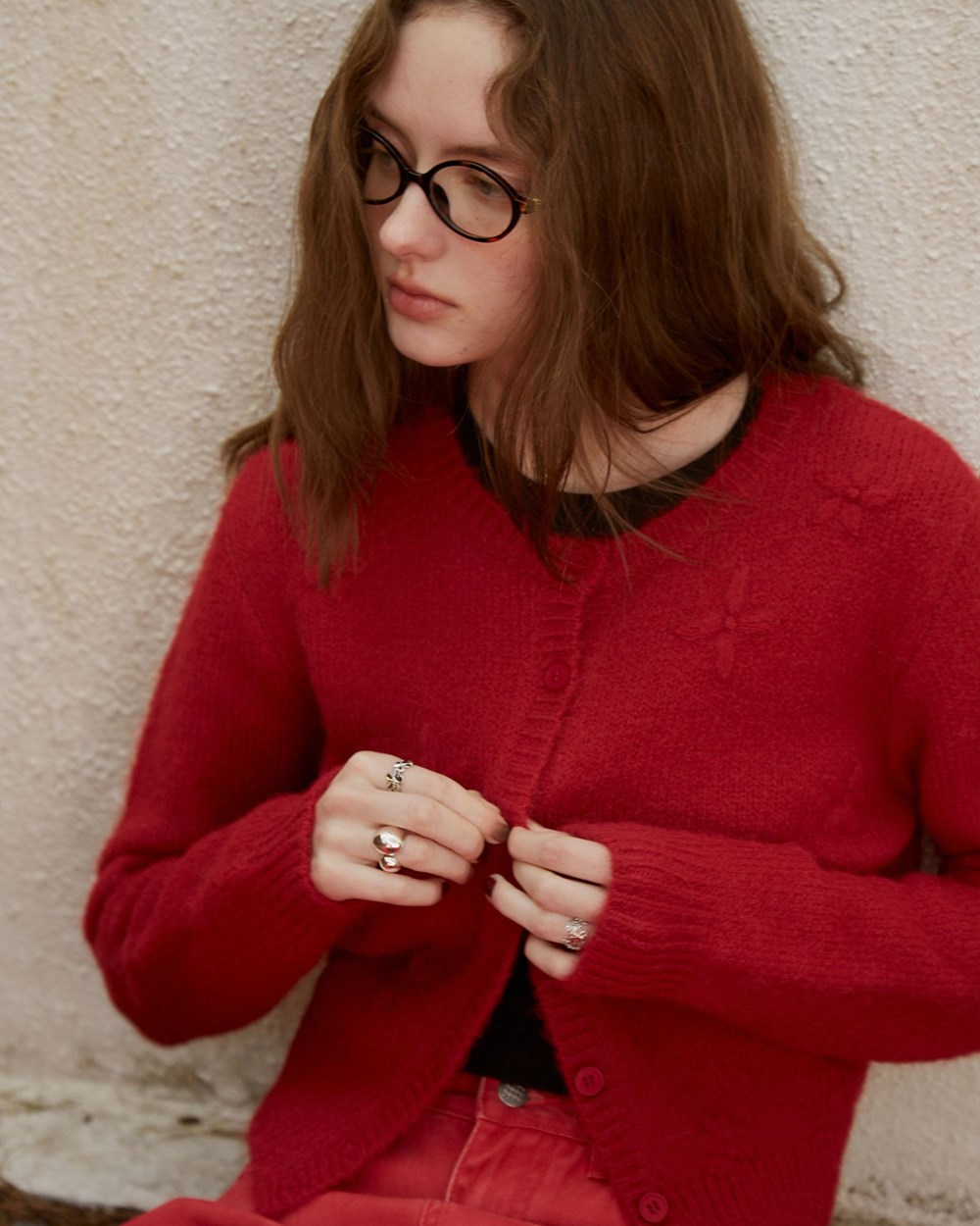 磨毛感立體花朵造型針織外套