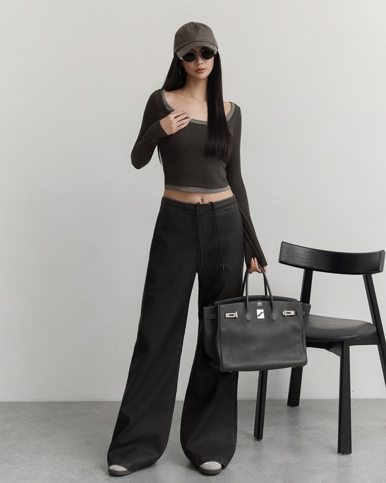 水洗內抽繩鬆緊皮長褲