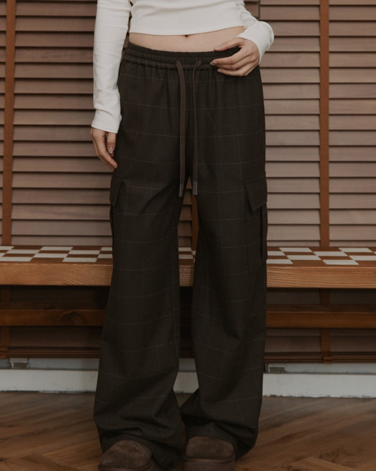 美式格紋鬆緊工裝長褲