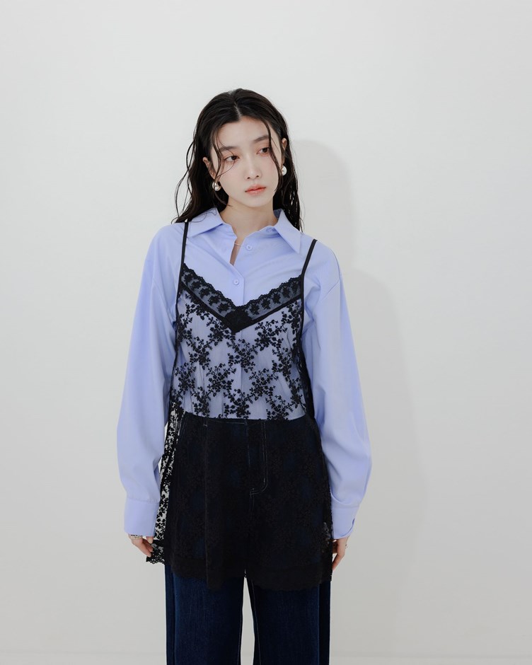 後打摺短版長袖襯衫