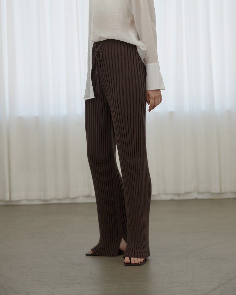 坑條側衩針織落地褲