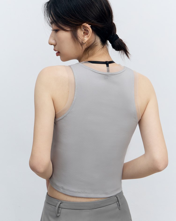 網紗滾邊削肩背心