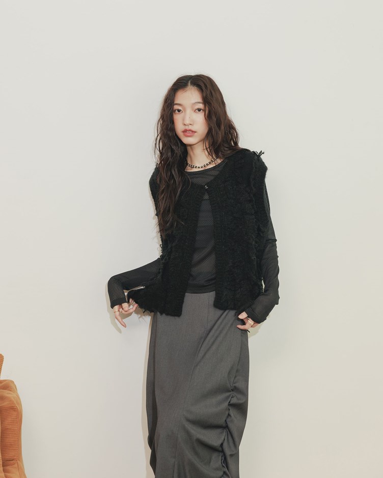 羽毛針織開襟外罩背心