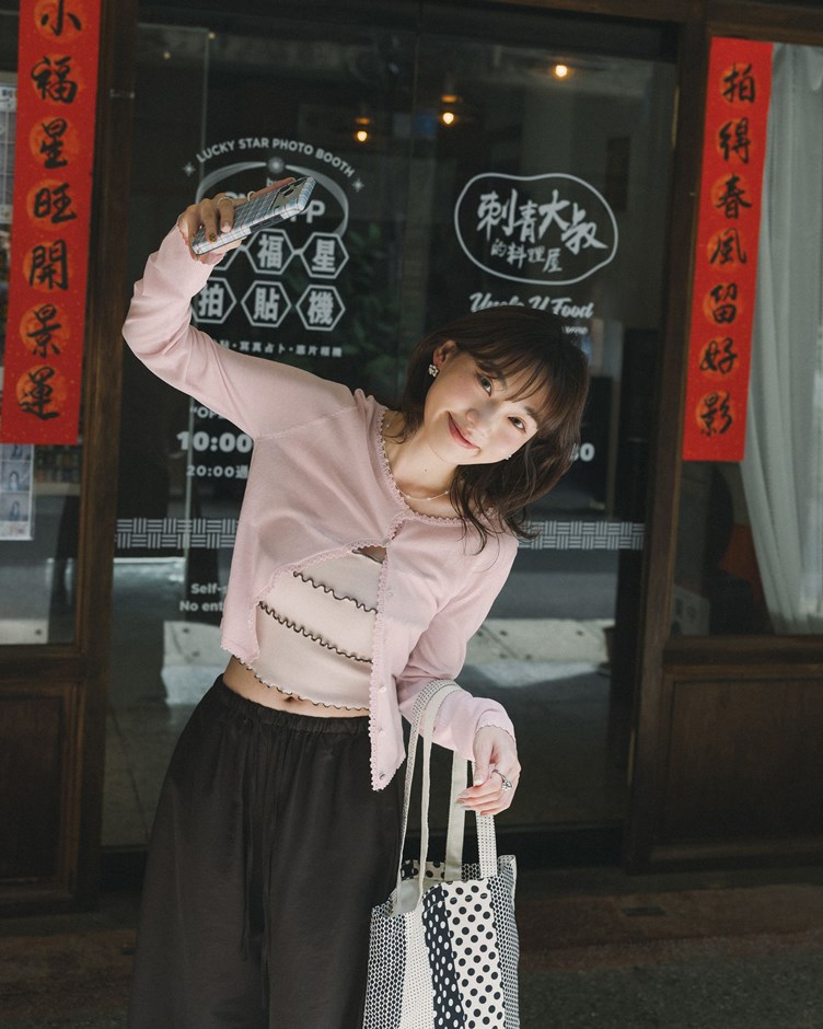 麻紗針織蕾絲鈎邊排扣長袖外套