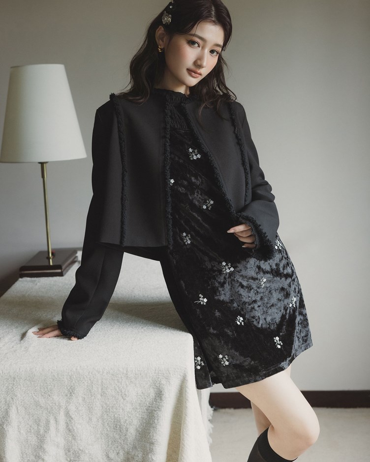 立體毛邊單釦短版外套