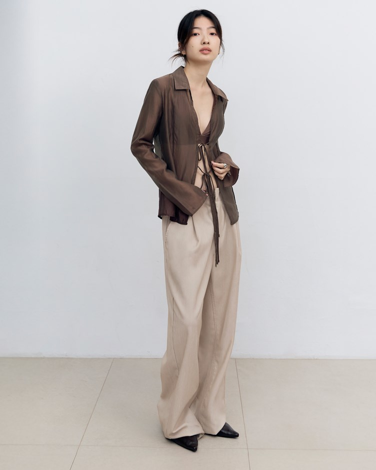 透紗綁帶開襟襯衫