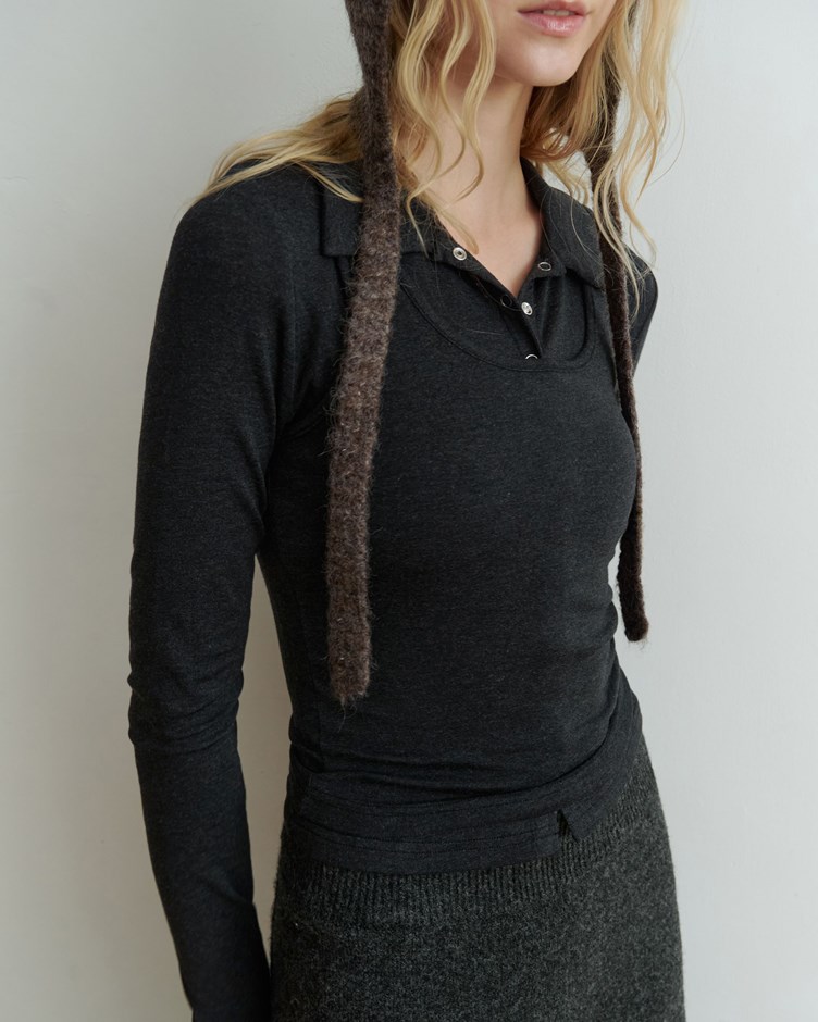 柔彈翻領排釦兩件式上衣 (上衣+背心)