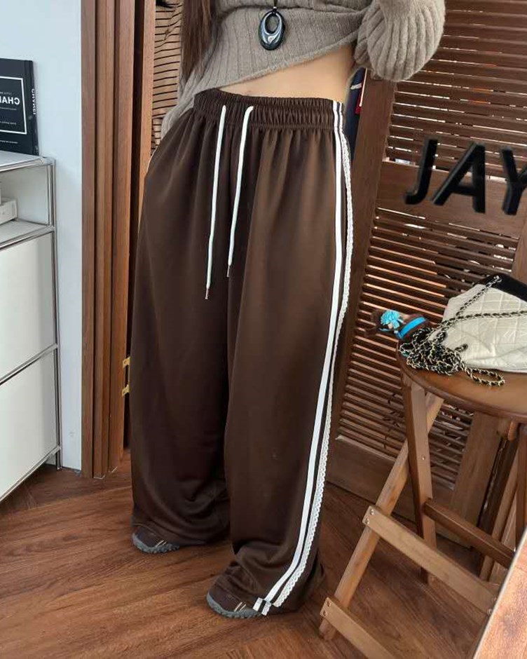 蕾絲側線抽繩寬褲