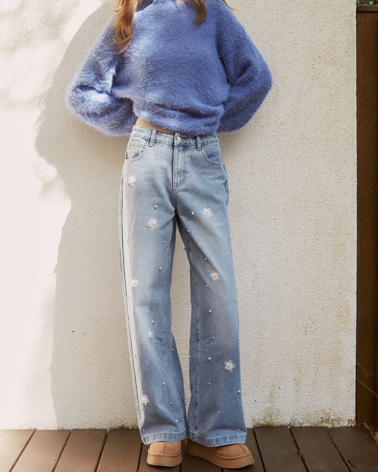 立體花朵珍珠造型牛仔褲