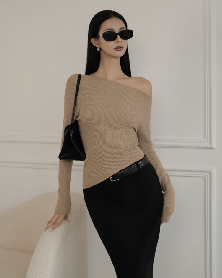 斜肩針織長袖上衣