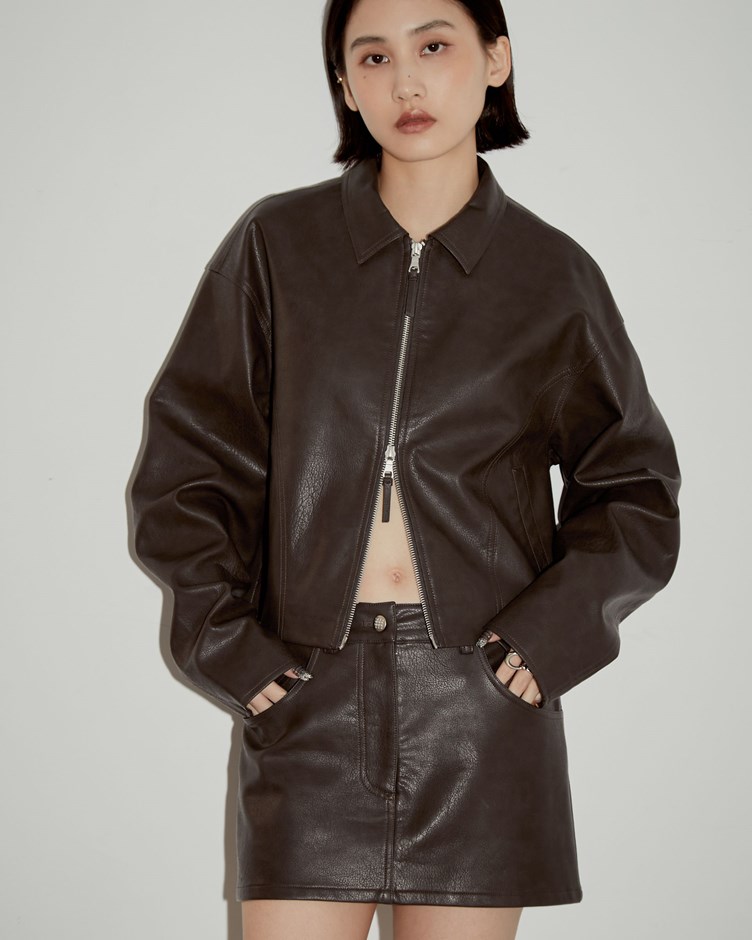 率性紋理皮革雙拉鍊外套