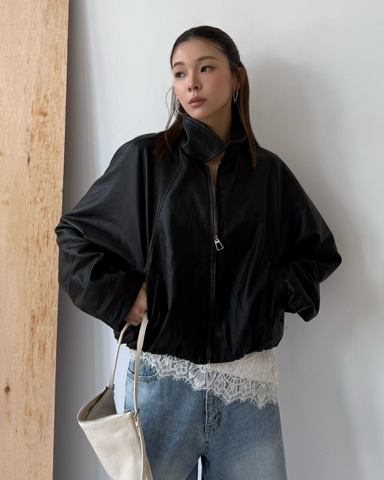 翻領拉鍊短版縮口皮衣外套