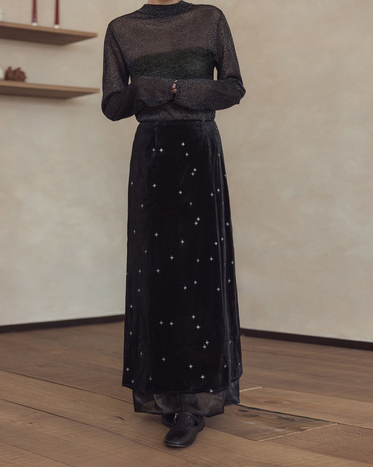 星星側開岔拼接絨面長裙