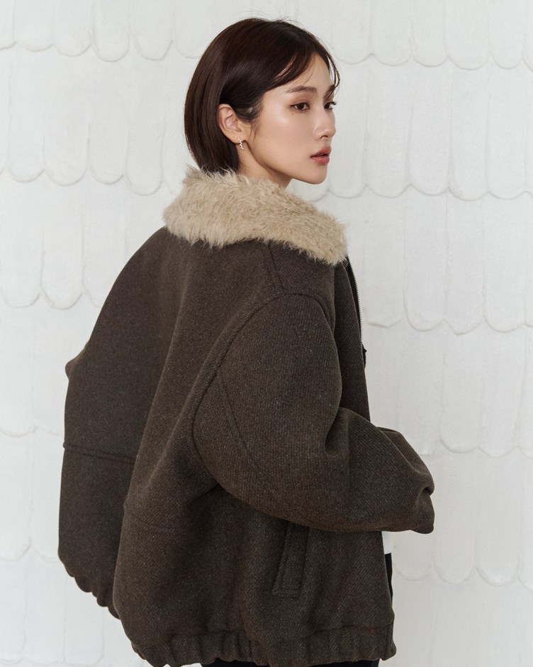 毛絨翻領設計感鋪棉外套