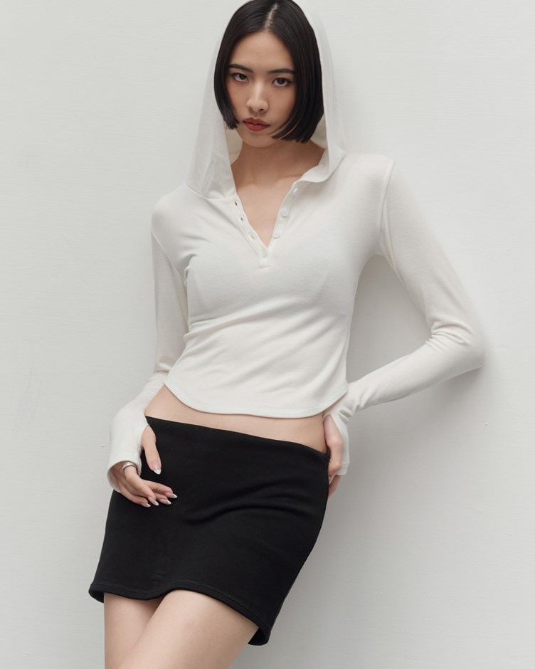 連帽弧擺長袖上衣