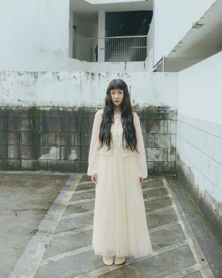 雙層網紗透肌長袖洋裝