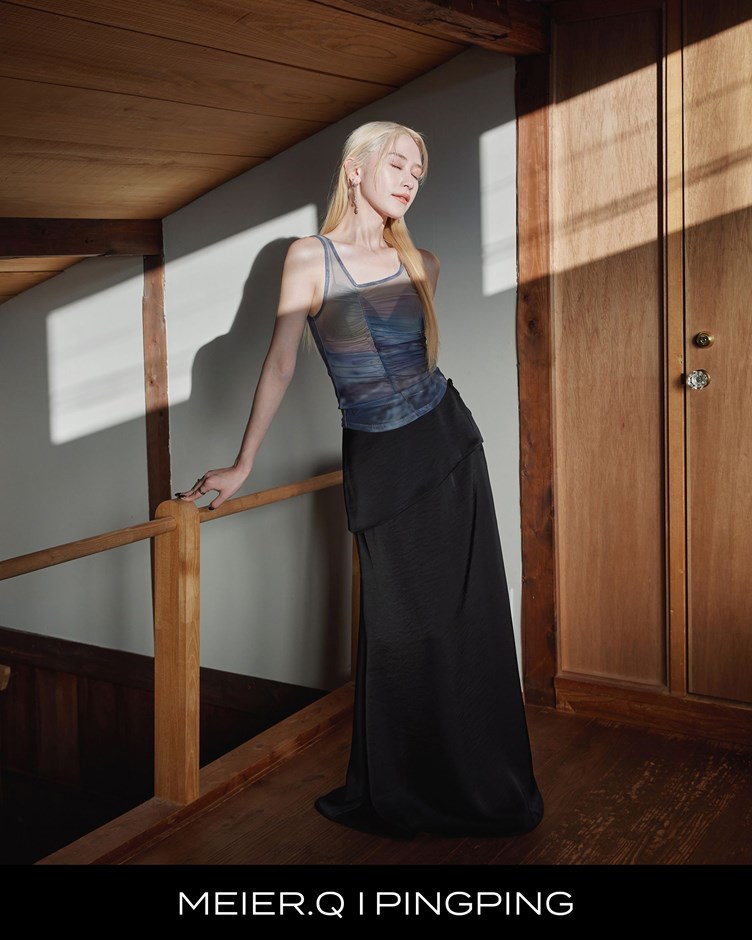 pingping-光澤緞面不對稱層次魚尾裙(附外罩)