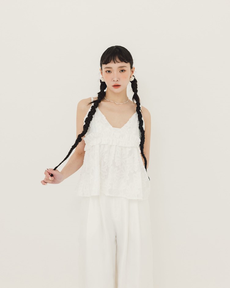 V領毛邊花朵抽皺背心