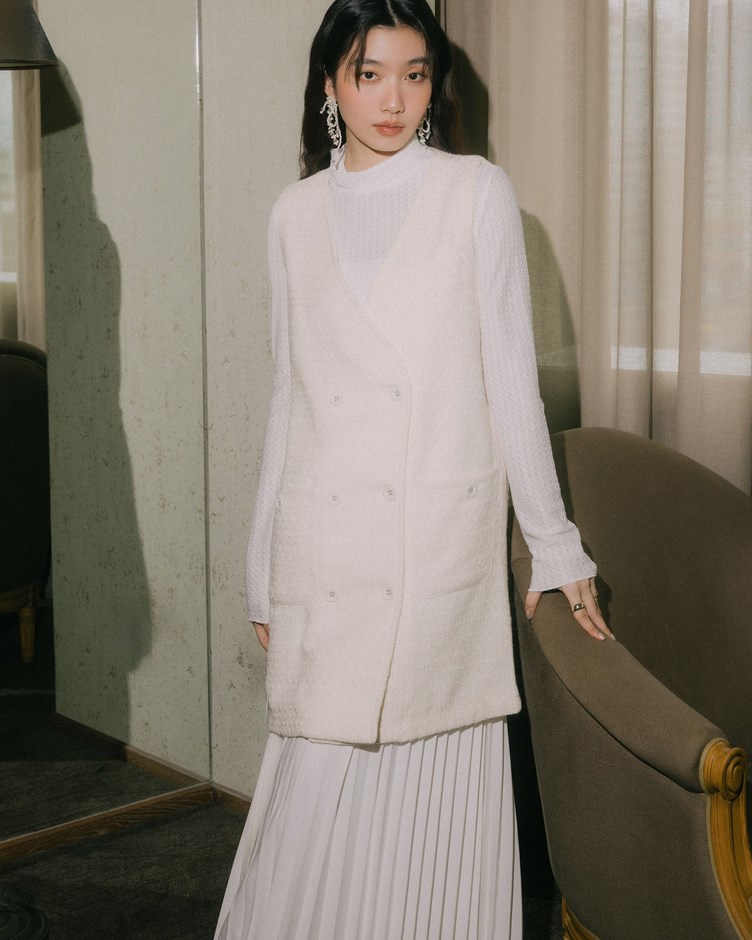 小香風織紋雙排釦背心洋裝