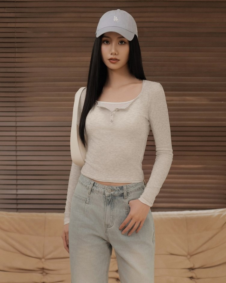 兩件式開釦坑條長袖上衣