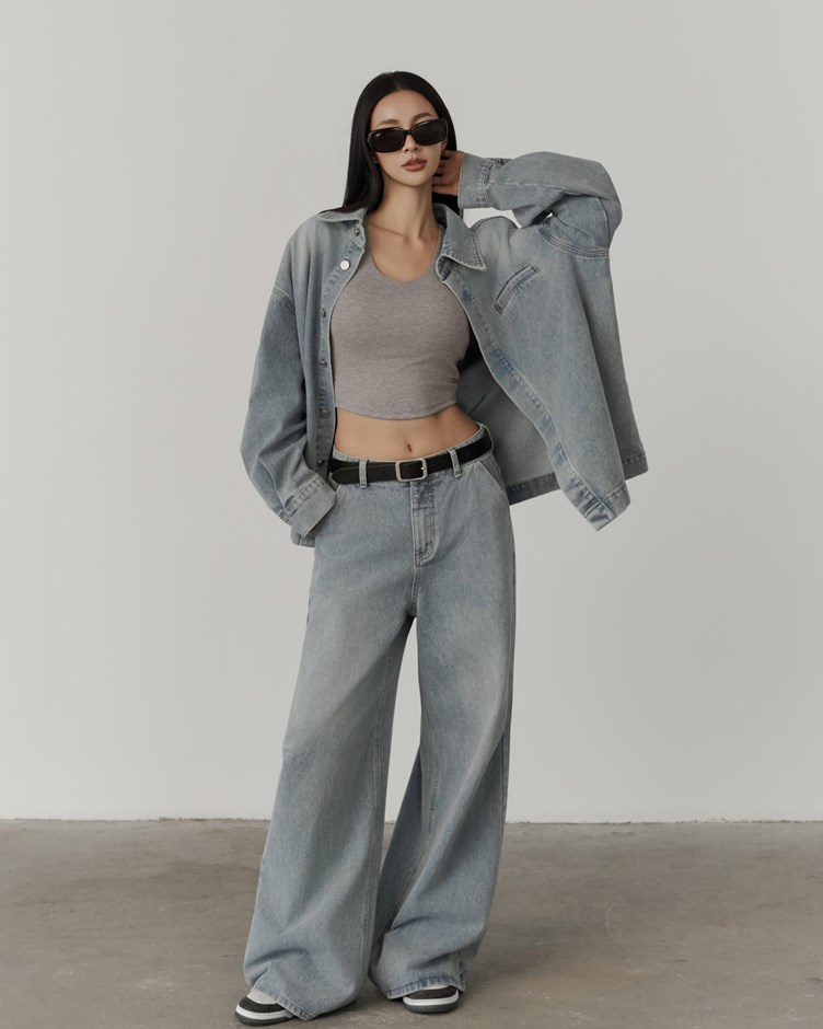 中腰直筒牛仔大寬褲