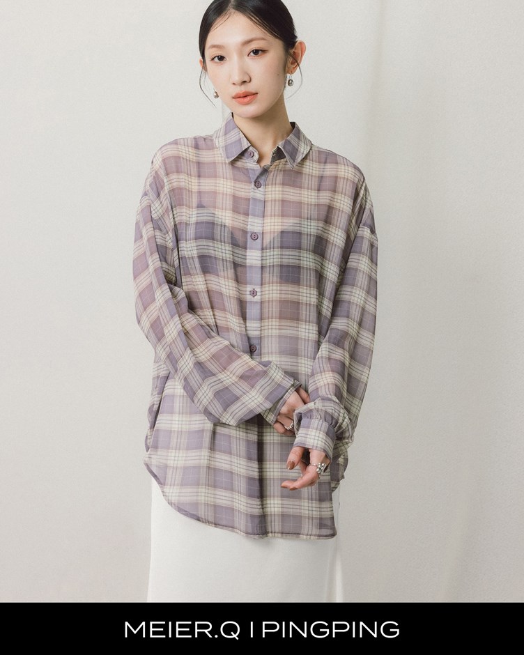 pingping-透肌格紋寬鬆襯衫