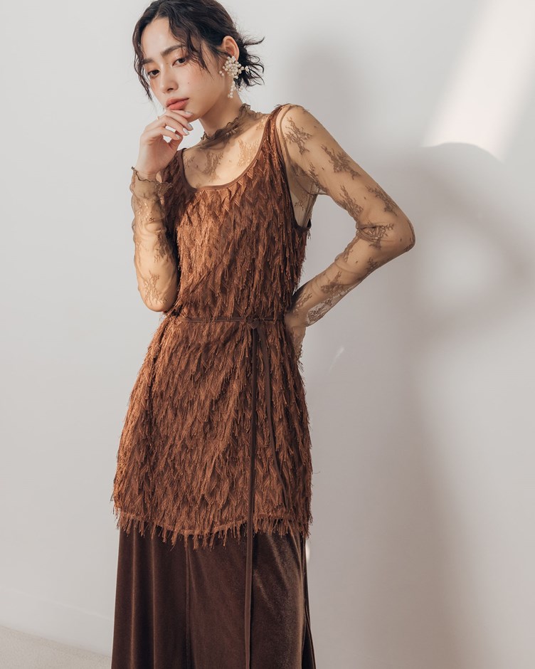 復古光澤毛毛微透外罩背心(附綁帶)