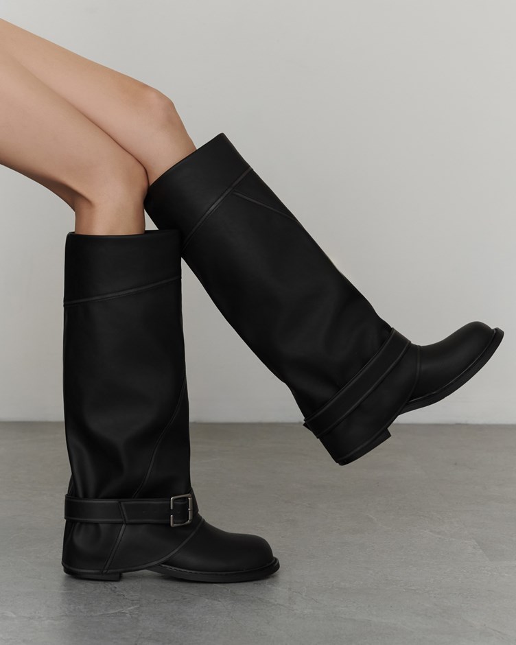 仿舊皮革褲筒長靴
