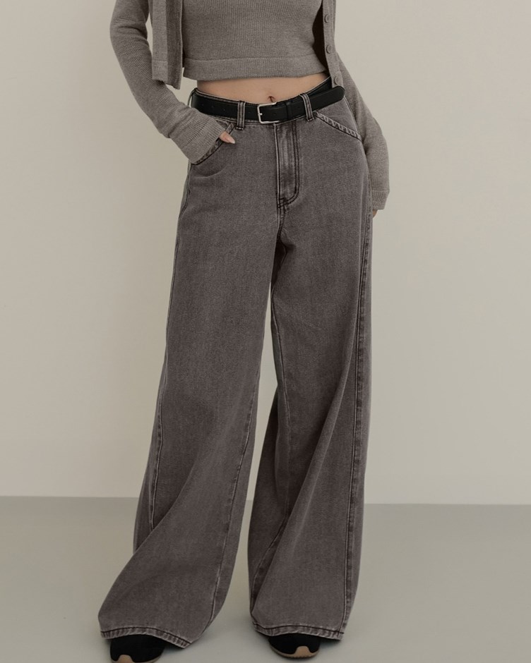 斜口袋側剪接線牛仔長褲