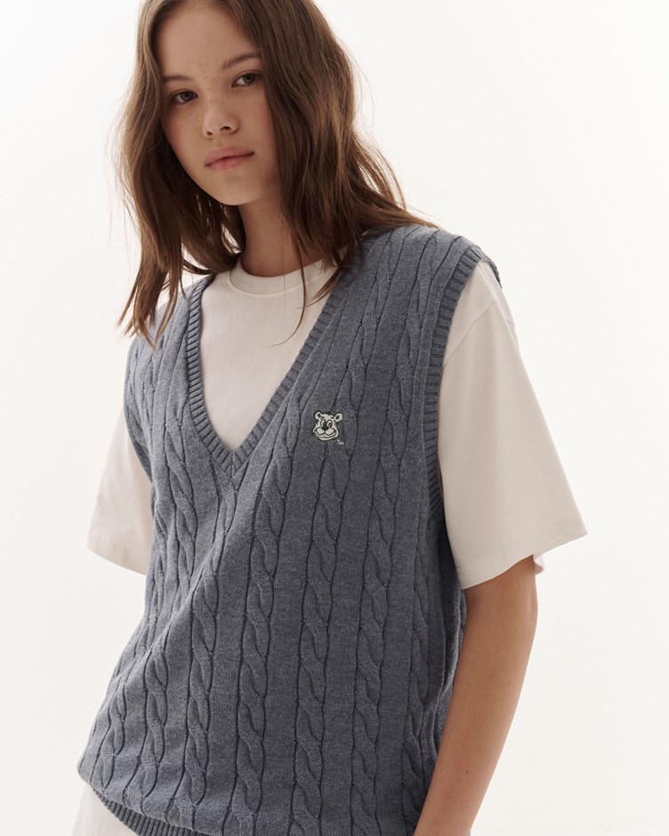 UCLA小熊刺繡麻花V領針織背心