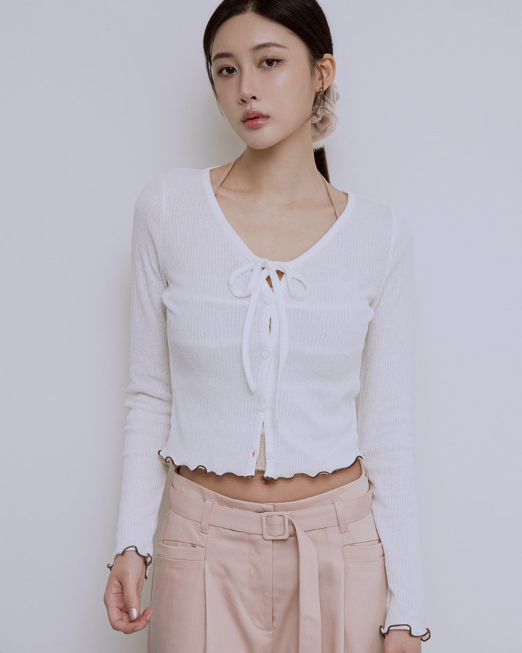 撞色捲邊綁帶開襟上衣