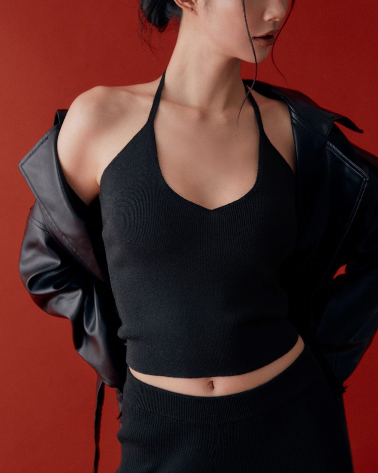 繞頸V領美背針織背心