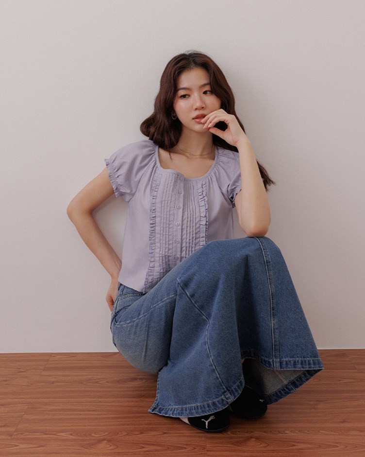壓褶小澎袖短袖上衣