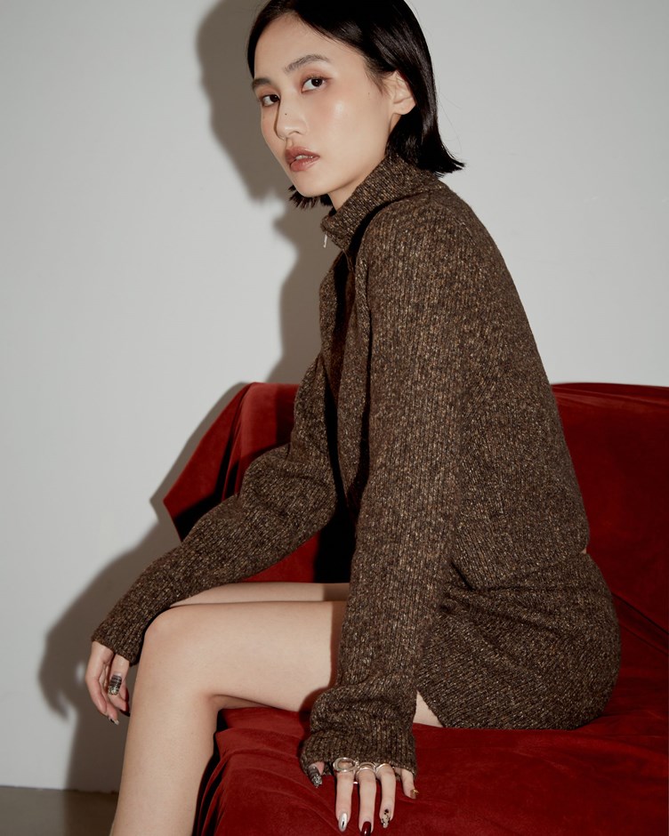 花紗高領雙拉鍊針織外套