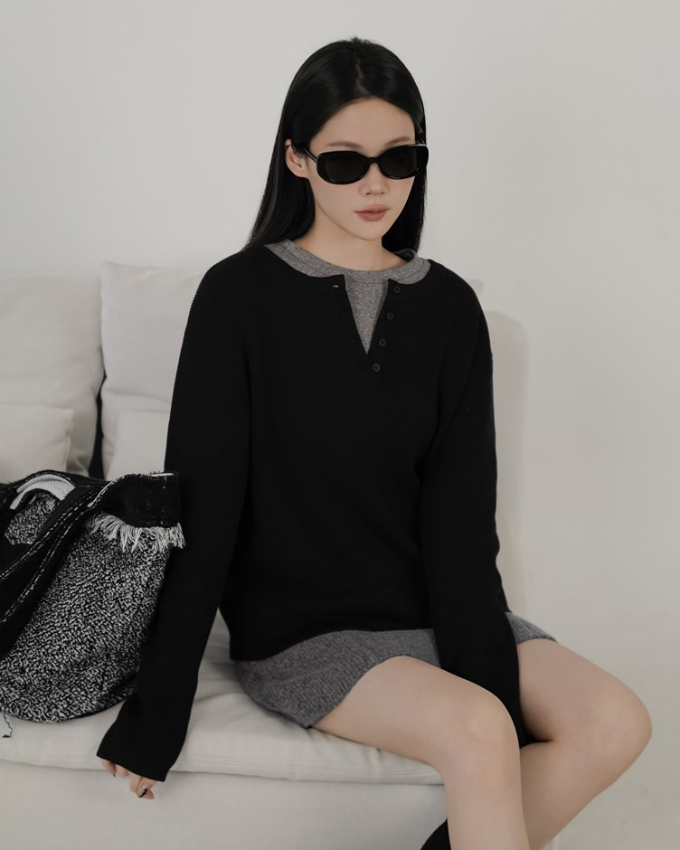 圓領針織開釦毛衣
