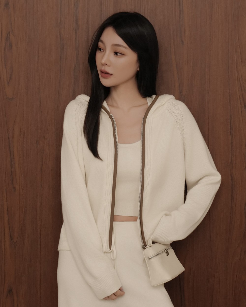 細針羊毛拼皮連帽外套