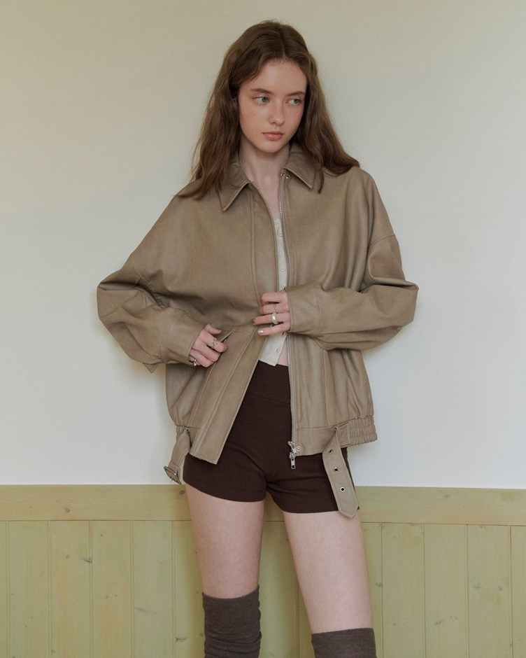 水洗感腰帶配飾皮革外套