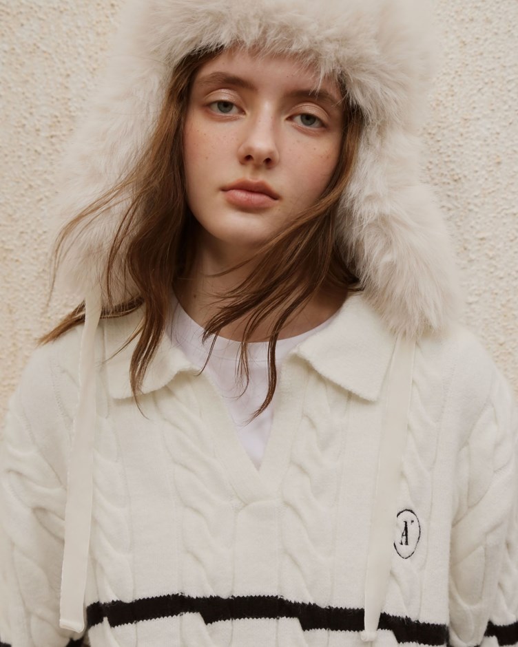 麻花條紋LOGO翻領開襟針織上衣