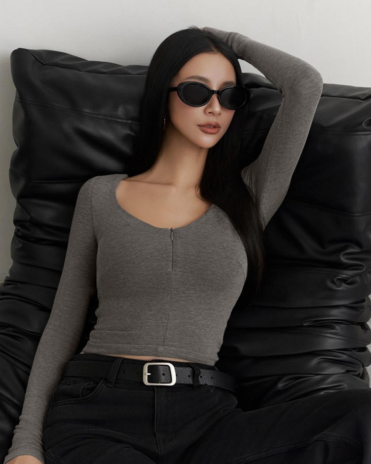 V領拉鍊棉質長袖BRATOP