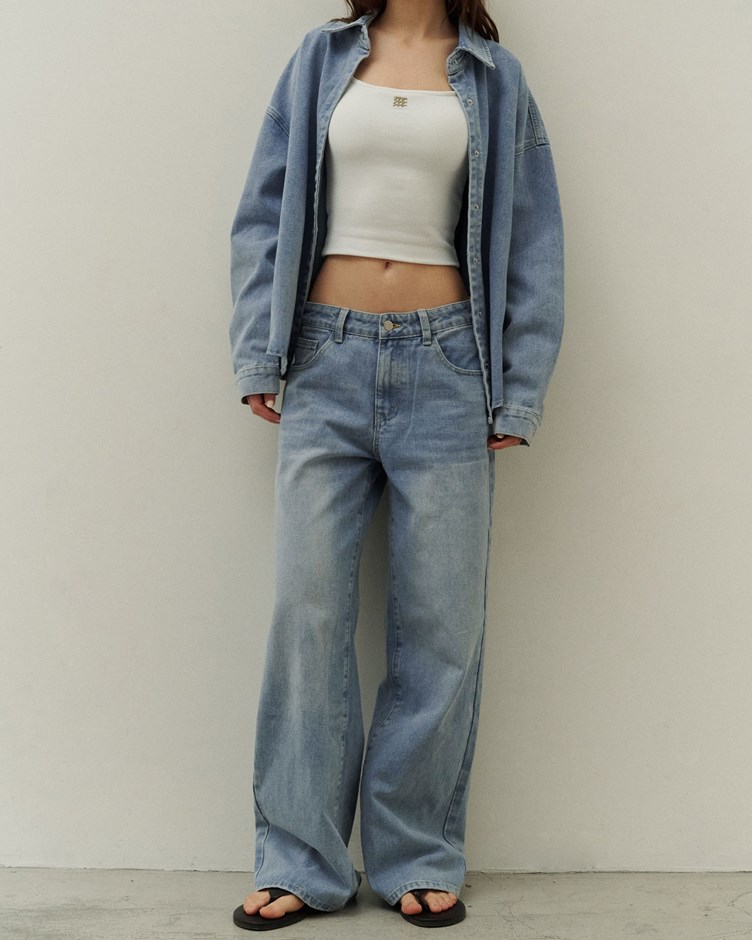 水洗霧感斜紋牛仔寬褲