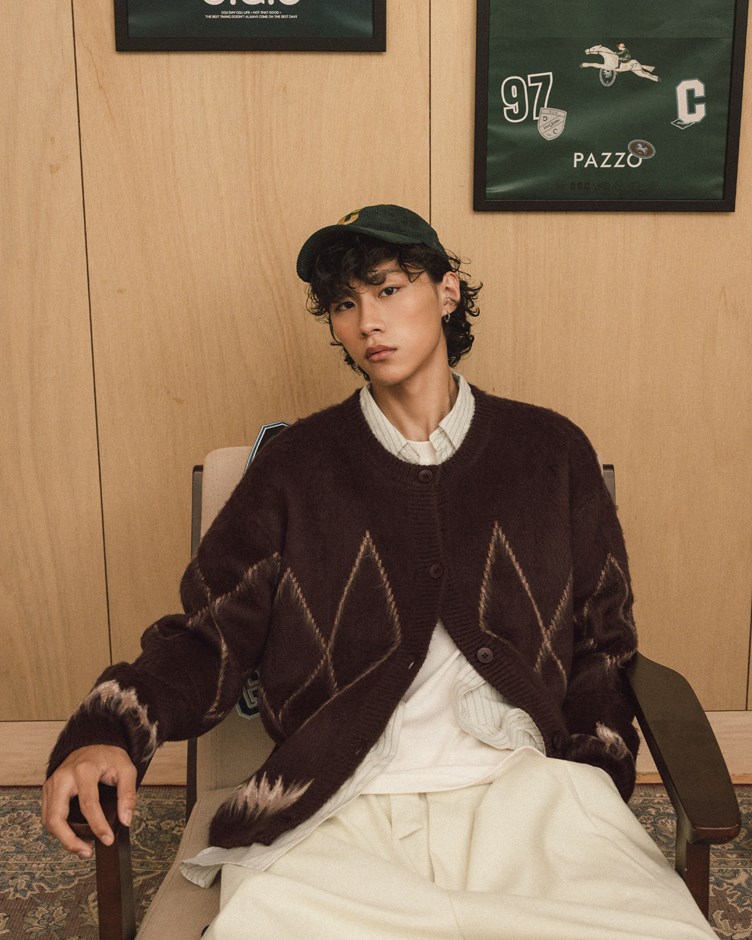 菱格紋磨毛感圓領針織外套