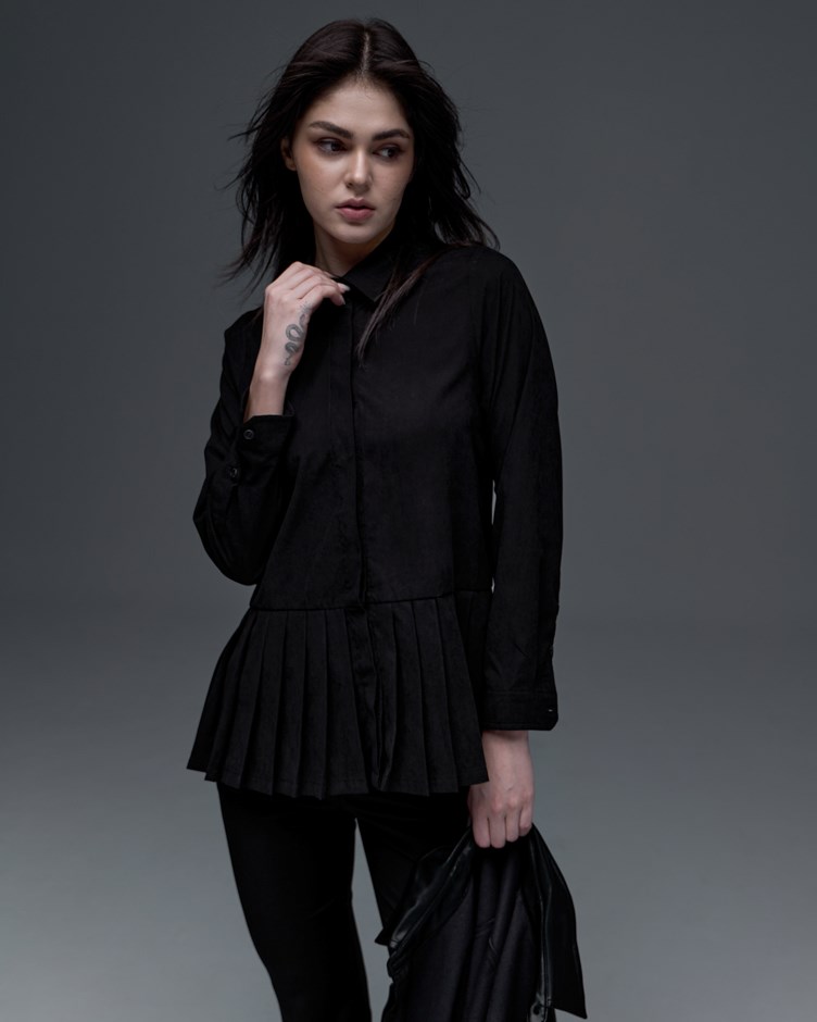 百褶光影襯衫短洋裝