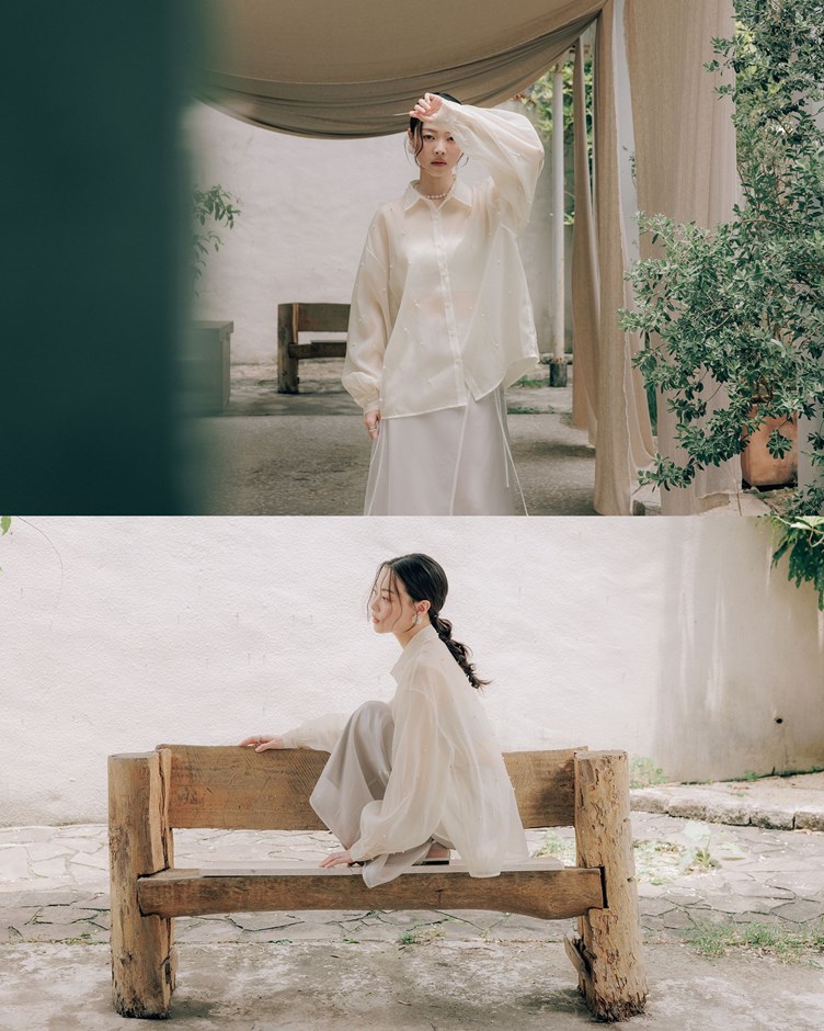仙女透肌珍珠澎袖襯衫