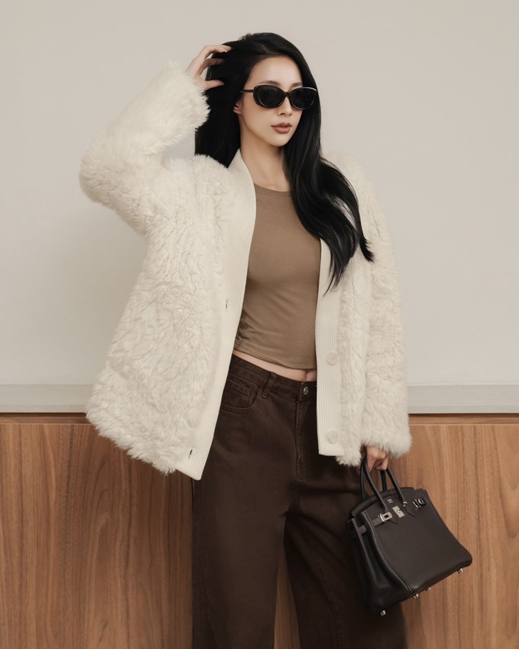 針織拼接毛毛開釦外套