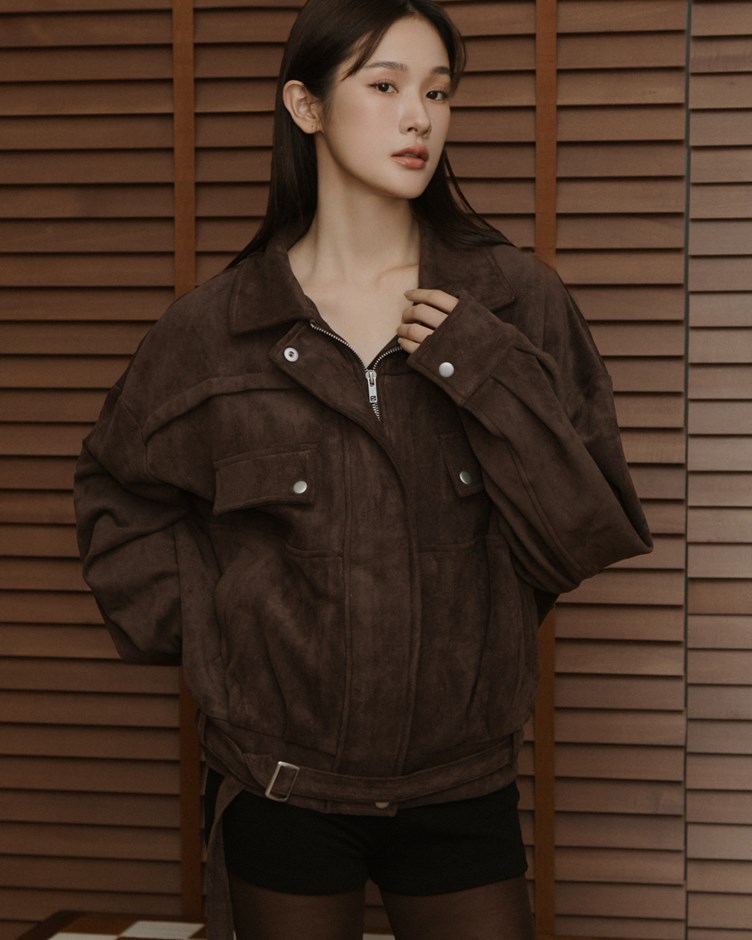 翻領麂皮外套(附腰帶)